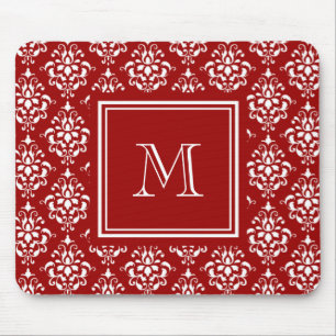 Red Damask Pattern 1 with Monogram Mouse Pad