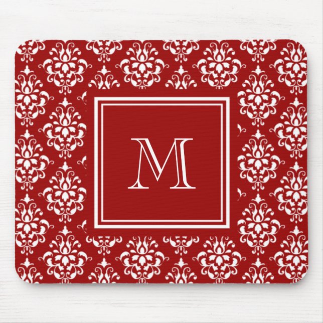 Red Damask Pattern 1 with Monogram Mouse Pad (Front)
