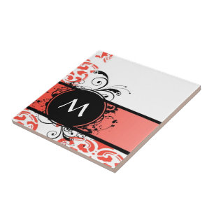 Red damask pattern monogram ceramic tile