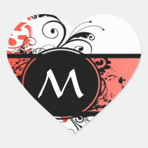 Red damask pattern monogram heart sticker