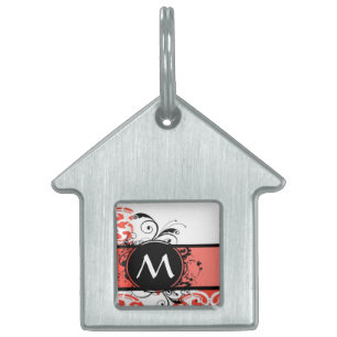 Red damask pattern monogram pet ID tag