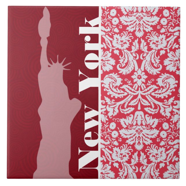 Red Damask Pattern; New York; Statue of Liberty Ceramic Tile (Front)
