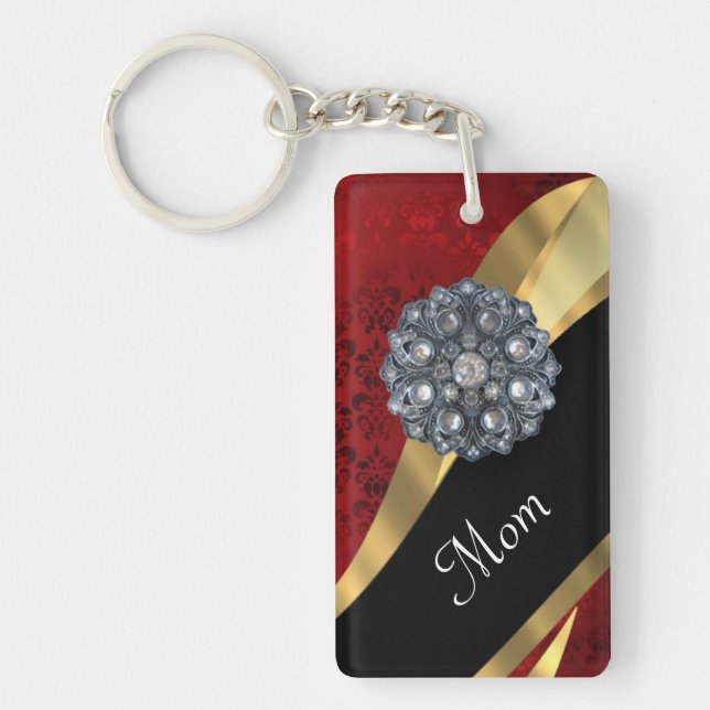 Red damask personalised mum key ring (Front)