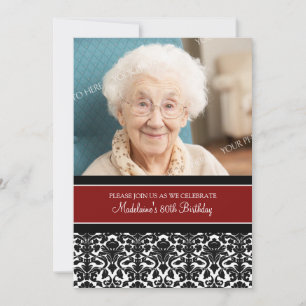 Red Damask Photo 80th Birthday Party Invitations