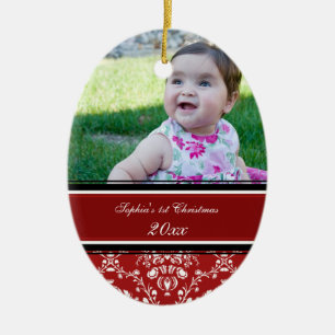 Red Damask Photo Baby's 1st Christmas Ornament