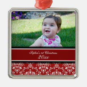 Red Damask Photo Baby's 1st Christmas Ornament