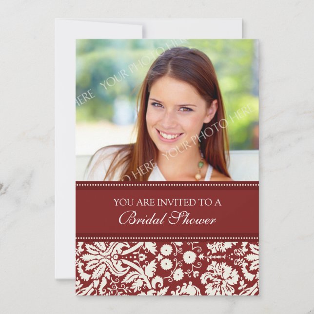 Red Damask Photo Bridal Shower Invitation Card (Front)