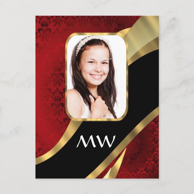 Red damask photo template postcard (Front)