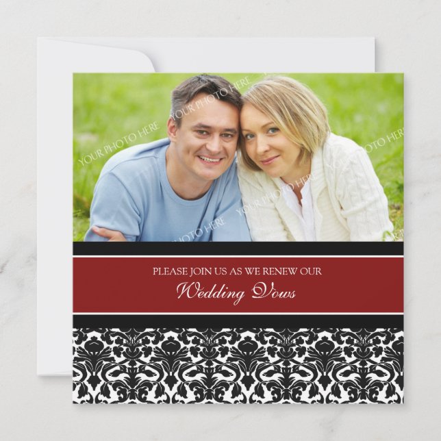 Red Damask Photo Wedding Vow Renewal Invitations (Front)