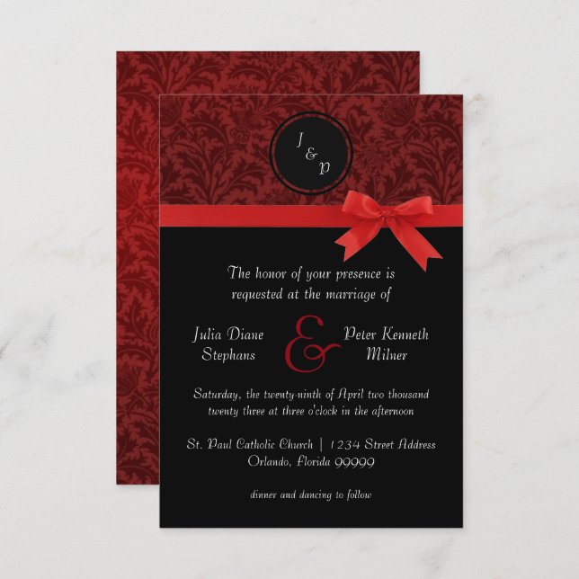 Red Damask & Red Bow - 3x5 Wedding Invitation (Front/Back)