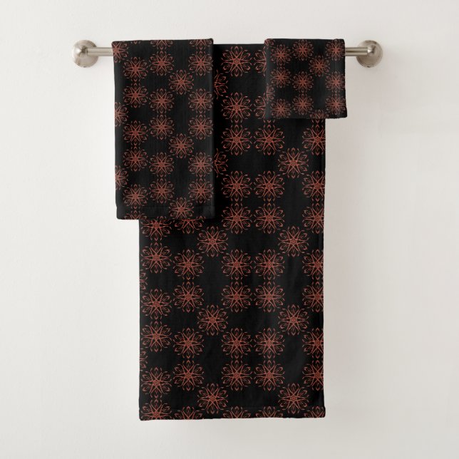 Red Damask Ribbon Reflective Symmetry Pattern Bath Towel Set (Insitu)