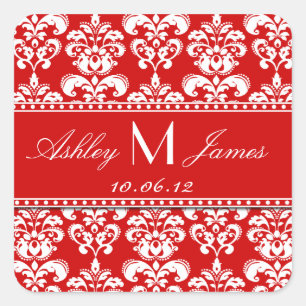 Red Damask Save the Date Stickers