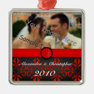 Red Damask Silver Couples Photo Christmas Ornament
