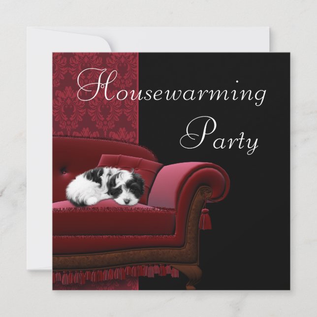 Red Damask Sofa Housewarming Party Invitation (Front)