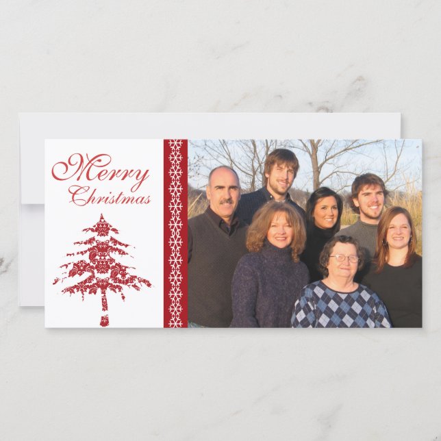 Red Damask Tree & Snowflakes  Merry Christmas Holiday Card (Front)