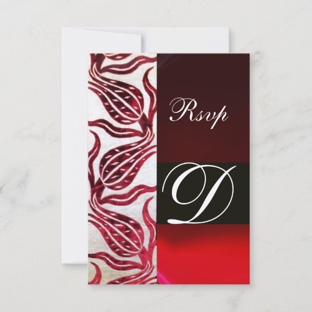 RED DAMASK VELVET TULIPS MONOGRAM Burgundy Gold RSVP Card (Front)