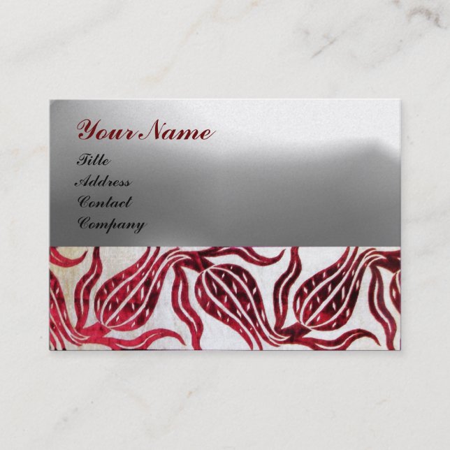 RED DAMASK VELVET TULIPS MONOGRAM Burgundy Pearl Business Card (Front)