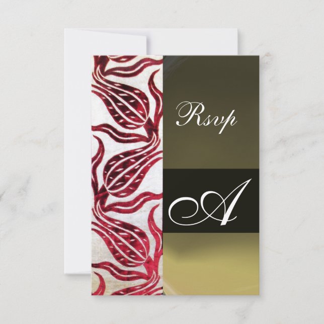 RED DAMASK VELVET TULIPS MONOGRAM Burgundy White RSVP Card (Front)