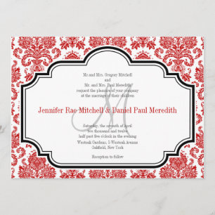 Red Damask Vintage Black White Wedding Invitations