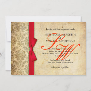 Red Damask Vintage Bow Wedding Invitation