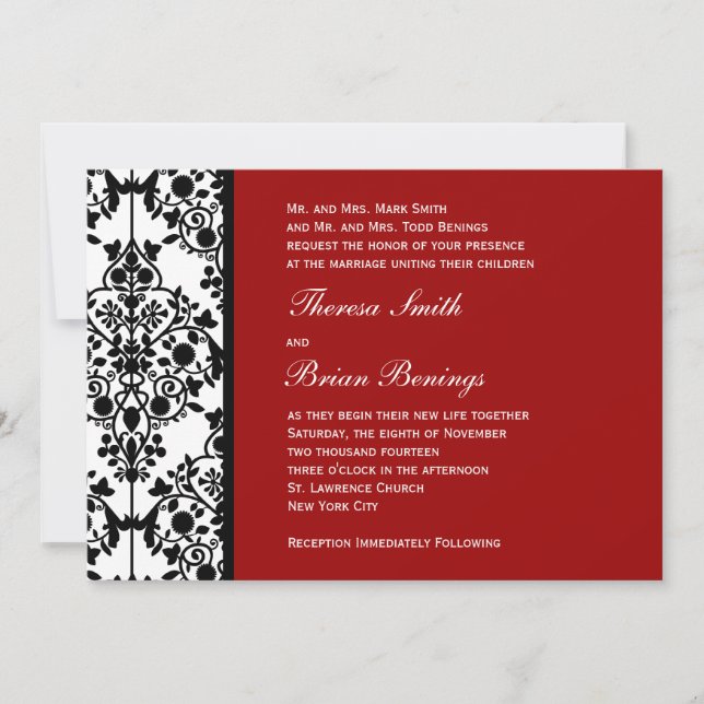 Red Damask Wedding Invitation (Front)