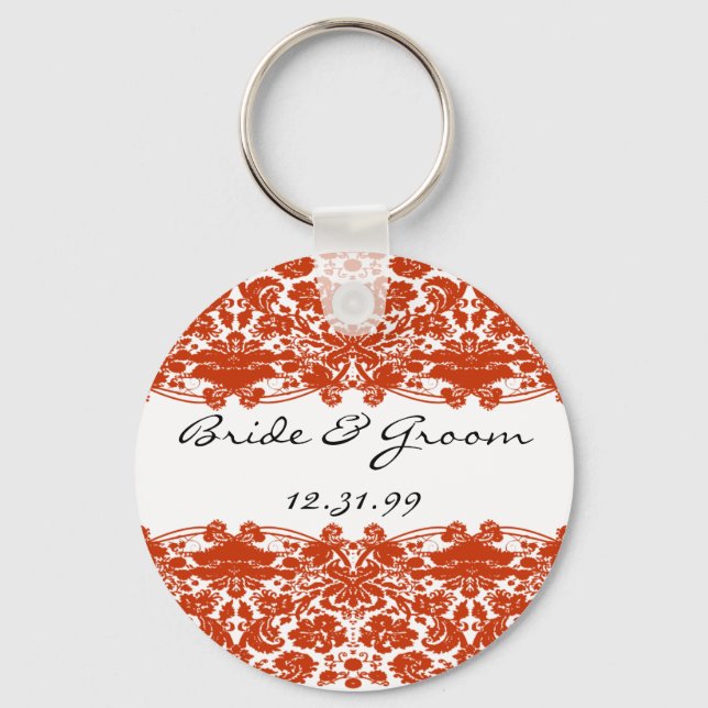 Red Damask Wedding Key Ring (Front)