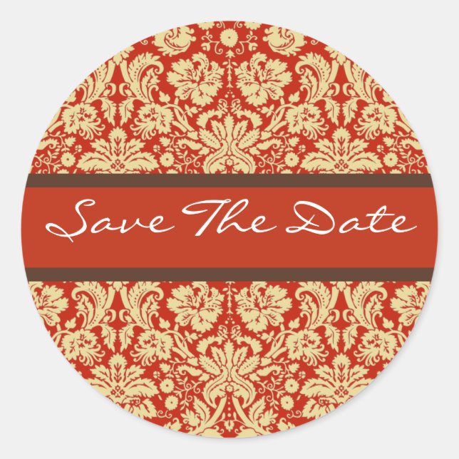 Red Damask Wedding Save the Date Sticker (Front)