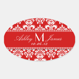 Red Damask Wedding Wine Label Oval