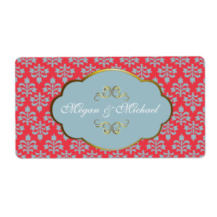 Red Damask with golden frame wedding labels
