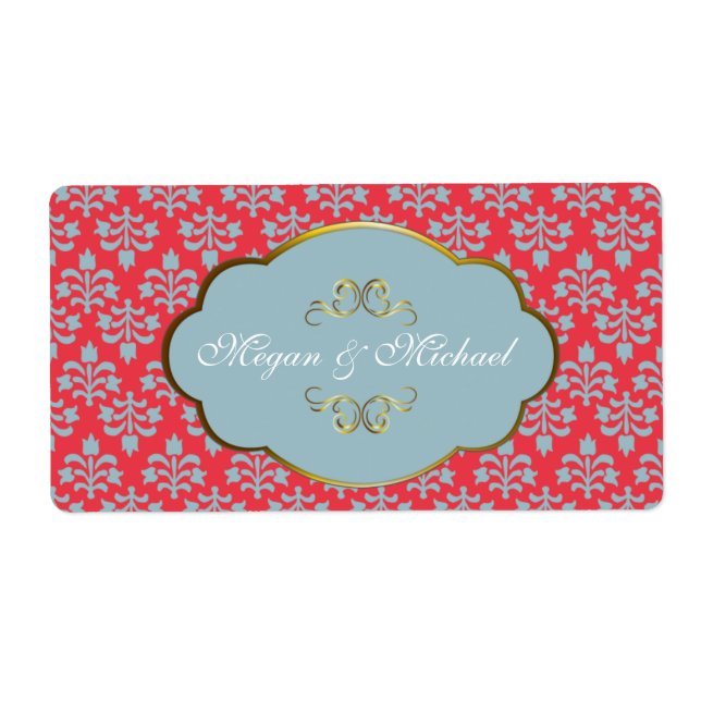 Red Damask with golden frame wedding labels (Front)