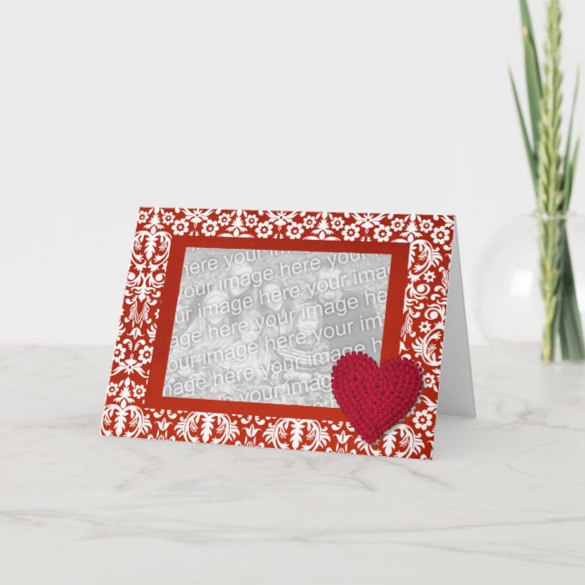 Red Damask with Heart Photo Frame Card (Front)