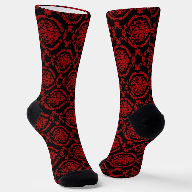 Red Damasks On Black  Socks (Angled)
