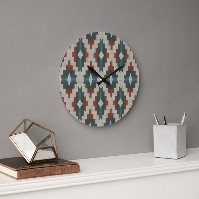 Red Dark Brown Teal Blue Grey Tribal Art Pattern Large Clock (Office)