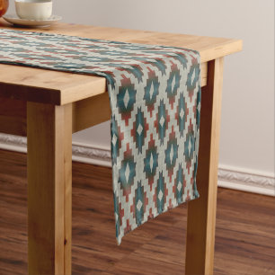 Red Dark Brown Teal Blue Grey Tribal Art Pattern Medium Table Runner
