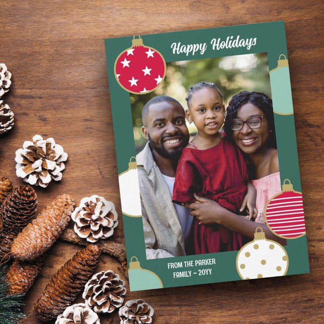 Red Dark Green Christmas Baubles Happy Holidays Holiday Card (Creator Uploaded)