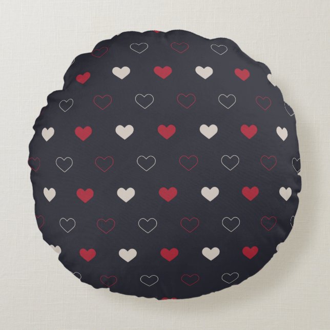 Red & dark Heart Seamless Pattern Cute Minimal Round Cushion (Front)