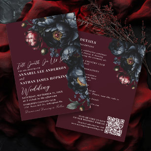 Red Dark Moody Peony Gothic Wedding QR Code Invitation