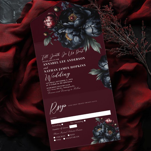 Red Dark Moody Romantic Black Peony Gothic Wedding All In One Invitation (Creator Uploaded)