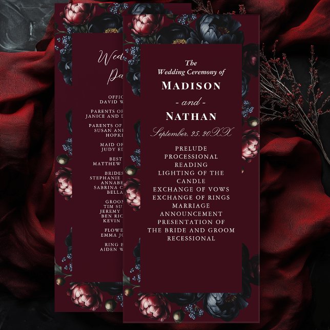 Red Dark Moody Romantic Black Peony Gothic Wedding Program (Creator Uploaded)