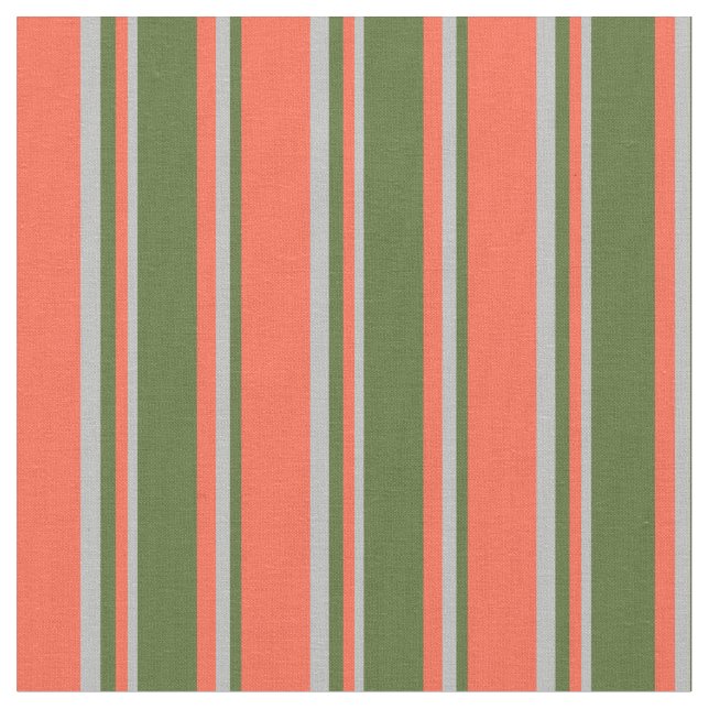 Red, Dark Olive Green, and Grey Stripes Fabric (Close Up)