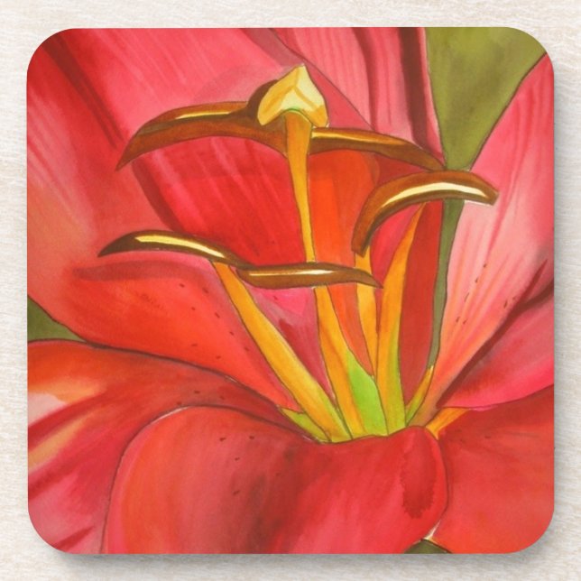 Red day lily original watercolor flower art coaster (Front)