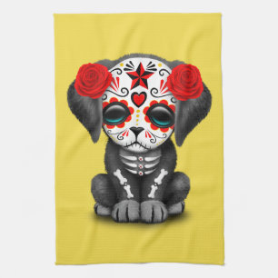 Red Day of the Dead Baby Puppy Dog Tea Towel
