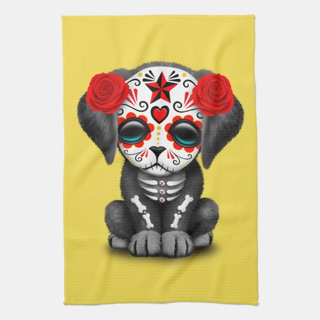 Red Day of the Dead Baby Puppy Dog Tea Towel (Vertical)