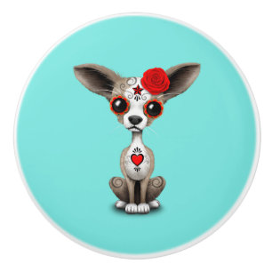 Red Day of the Dead Chihuahua Ceramic Knob