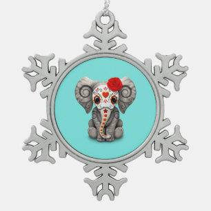 Red Day of the Dead Elephant Snowflake Pewter Christmas Ornament