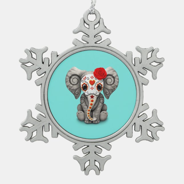 Red Day of the Dead Elephant Snowflake Pewter Christmas Ornament (Front)