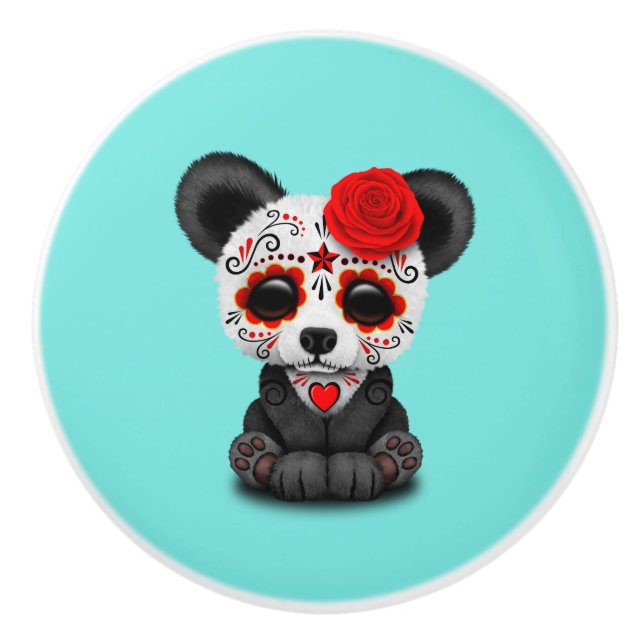 Red Day of the Dead Panda Ceramic Knob (Front)