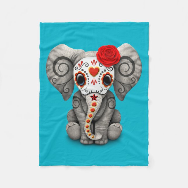 Red Day of the Dead Sugar Skull Baby Elephant Fleece Blanket (Front)