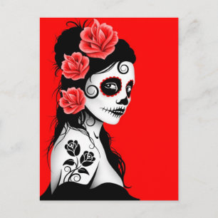 Red Day of the Dead Sugar Skull Girl Postcard
