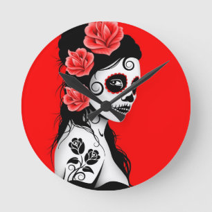 Red Day of the Dead Sugar Skull Girl Round Clock